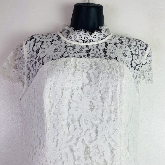 Keepsake Women's High Neck Mini White Lace Sheath Cutout Back Dress Size Large - Picture 2 of 10